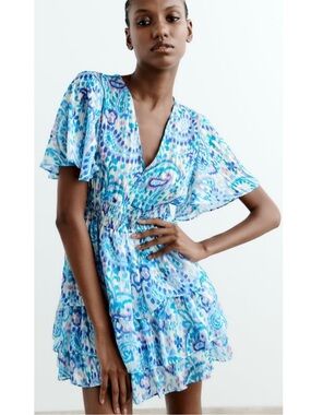 Zara Printed Tiered Ruffle Mini Dress in Blue Metallic Size Small